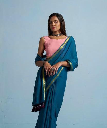 Dark Turquoise Mul Cotton Casual Ready To Wear/Easy Saree