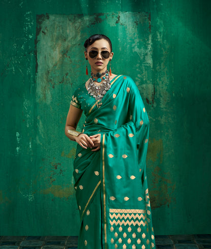 Teal Green Satin Silk Ready To Wear/Easy Saree