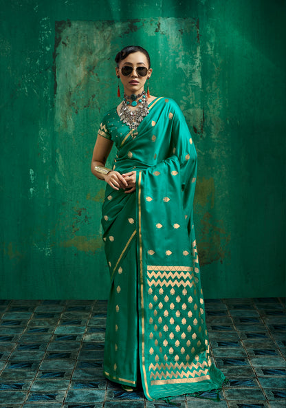 Teal Green Satin Silk Ready To Wear/Easy Saree