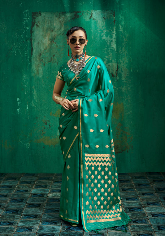 Teal Green Satin Silk Ready To Wear/Easy Saree