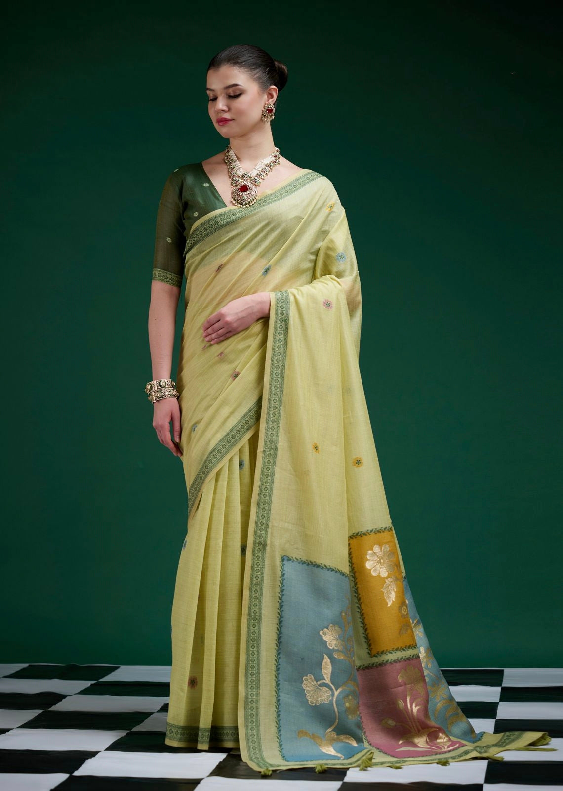 Light Green Mul Cotton Ready To Wear/Easy Saree - Panaash Saree