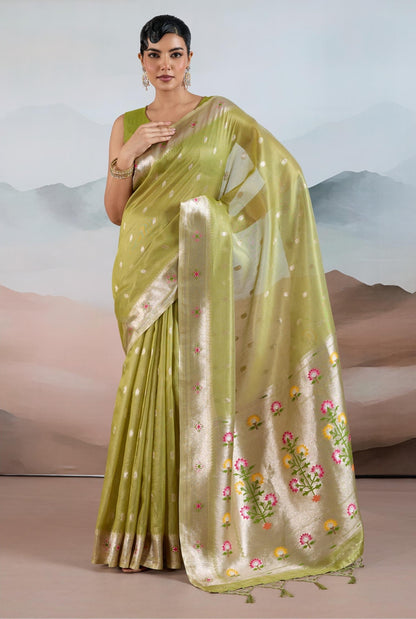 Light Green Paithani Tissue Readymade/Easy Saree