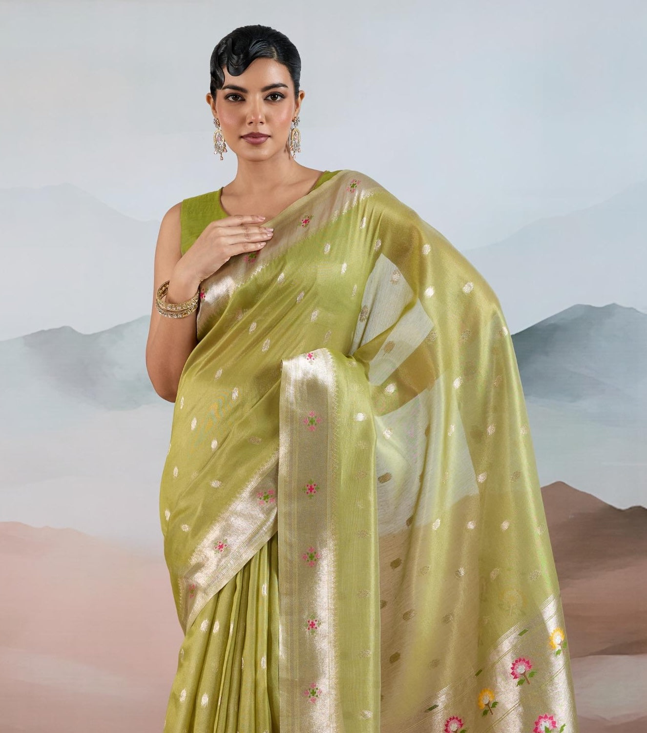 Light Green Paithani Tissue Readymade/Easy Saree