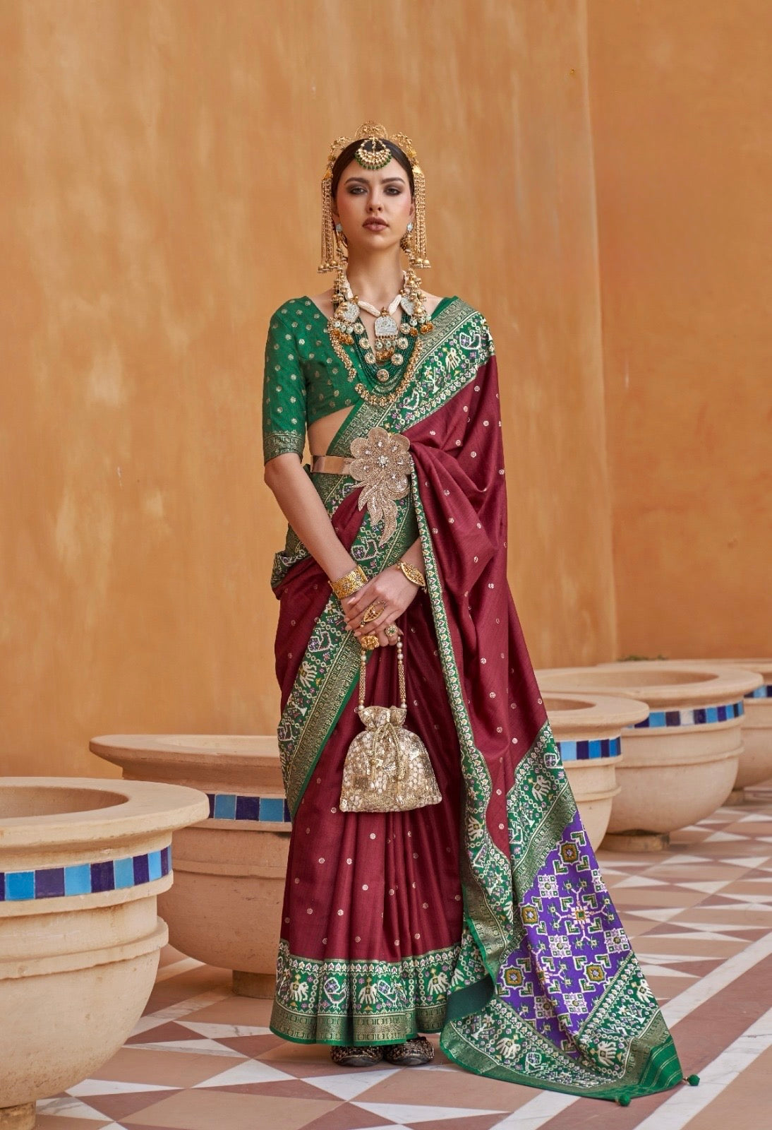 Maroon Color Patola Silk  Readymade/Easy Saree