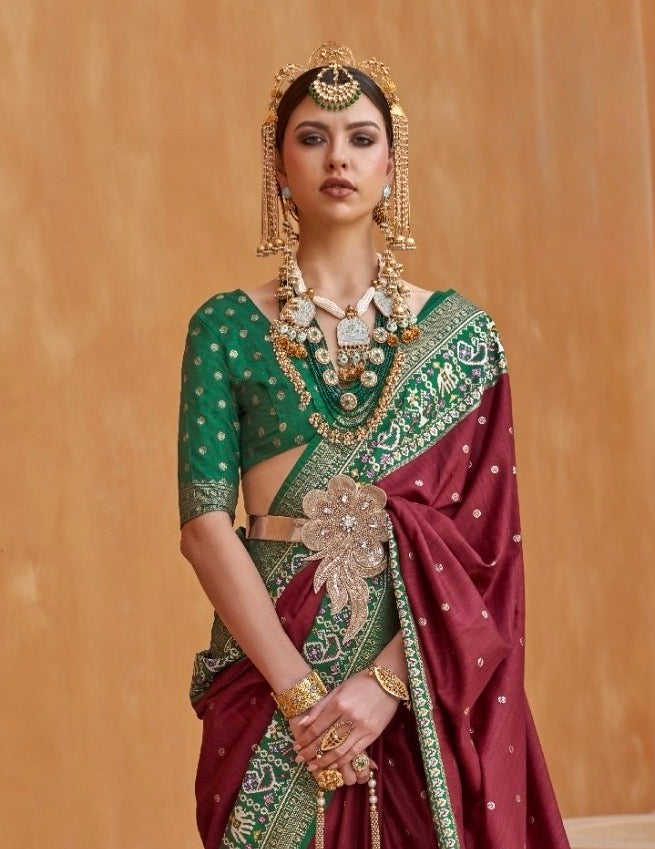 Maroon Color Patola Silk  Readymade/Easy Saree