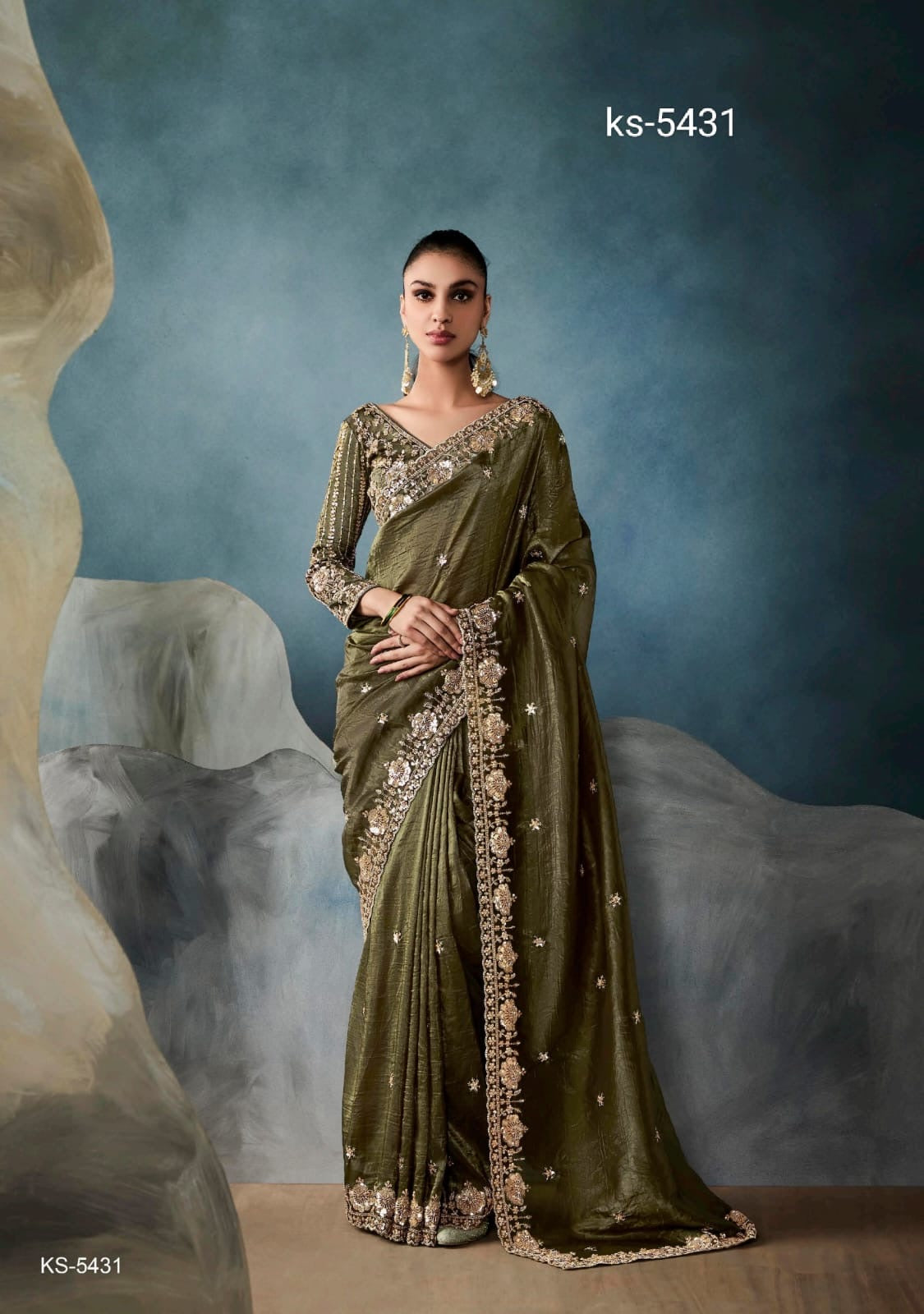 Olive Color Organza Readymade/Easy Saree With Fancy Blouse Piece