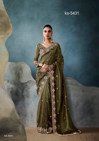 Olive Color Organza Readymade/Easy Saree With Fancy Blouse Piece