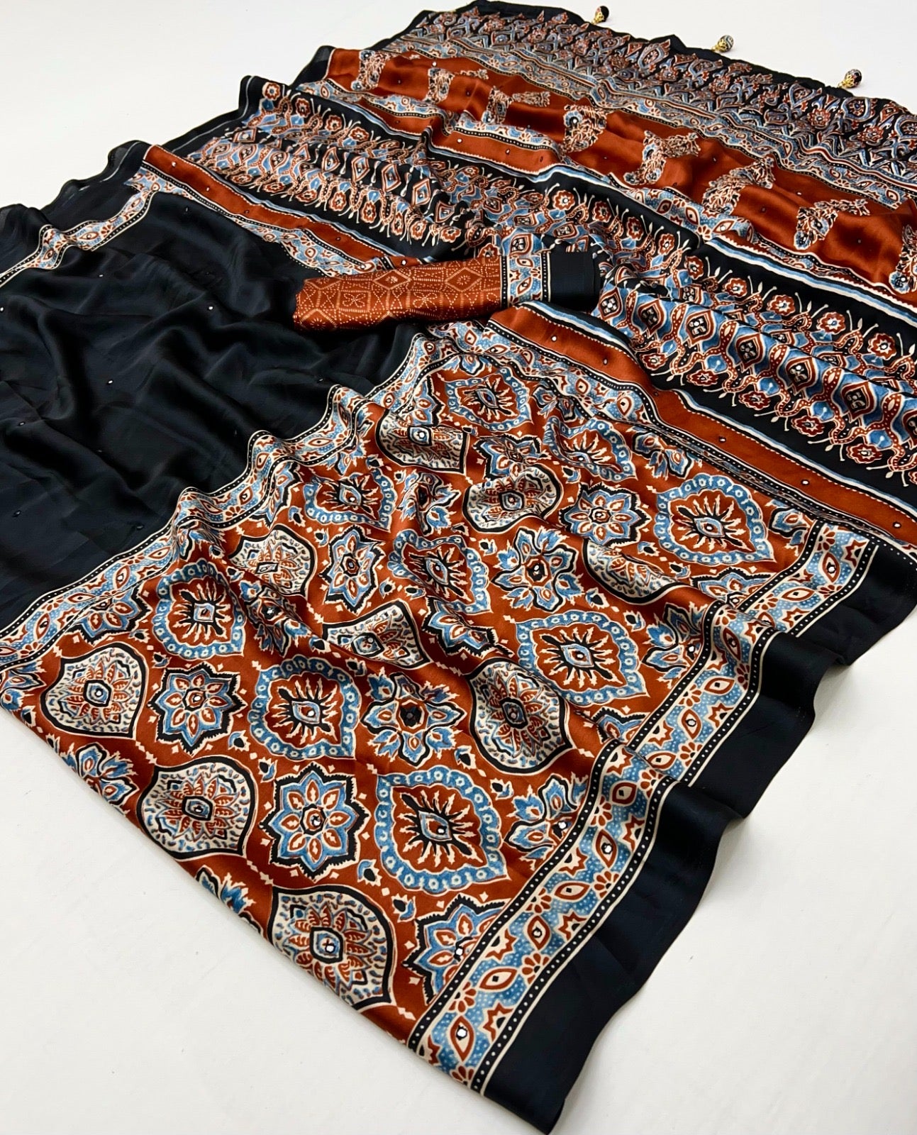 Black & Orange Crepe Silk Ready To Wear/Easy Saree - Panaash Saree