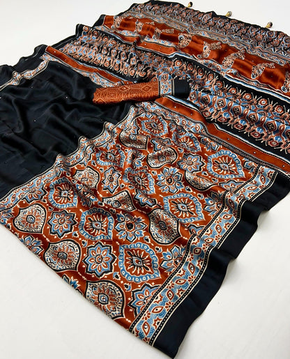 Black & Orange Crepe Silk Ready To Wear/Easy Saree - Panaash Saree