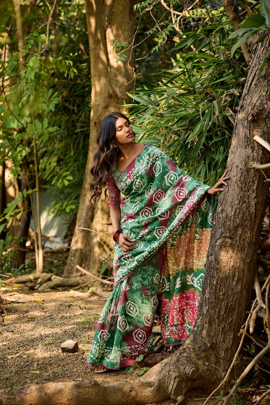 Green Batik Print Mul Cotton Easy/Readymade Saree