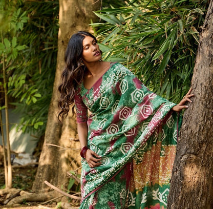 Green Batik Print Mul Cotton Easy/Readymade Saree