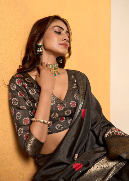 Black Color Printed Soft Silk Readymade/Easy Saree