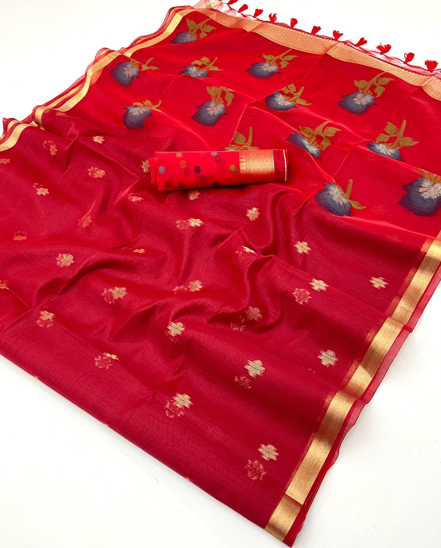 Red Cotton Readymade/Easy Saree