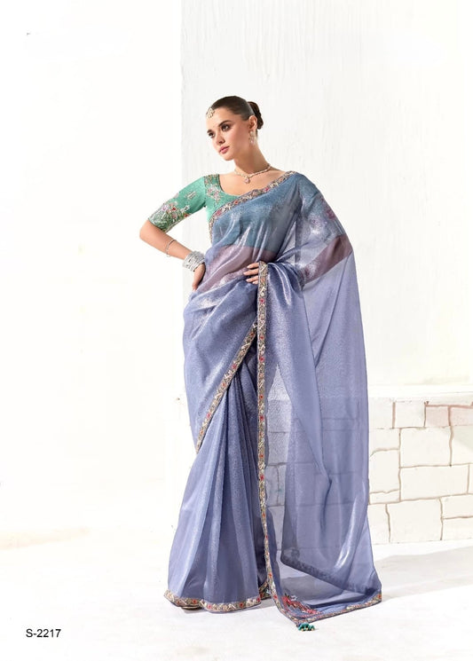 Powder Blue Organza Readymade Saree With Fancy Blouse Piece