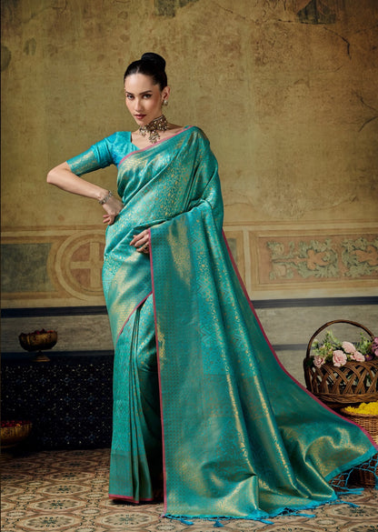 Turquoise Kanjivaram Silk Ready To Wear/Easy Saree by Stylebypanaash
