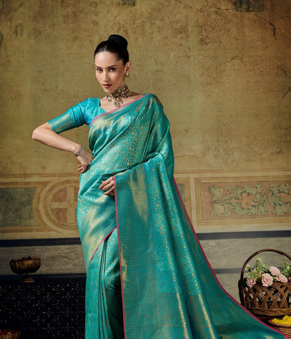 Turquoise Kanjivaram Silk Ready To Wear/Easy Saree by Stylebypanaash