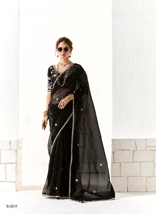 Black Organza Readymade Saree With Fancy Blouse Piece