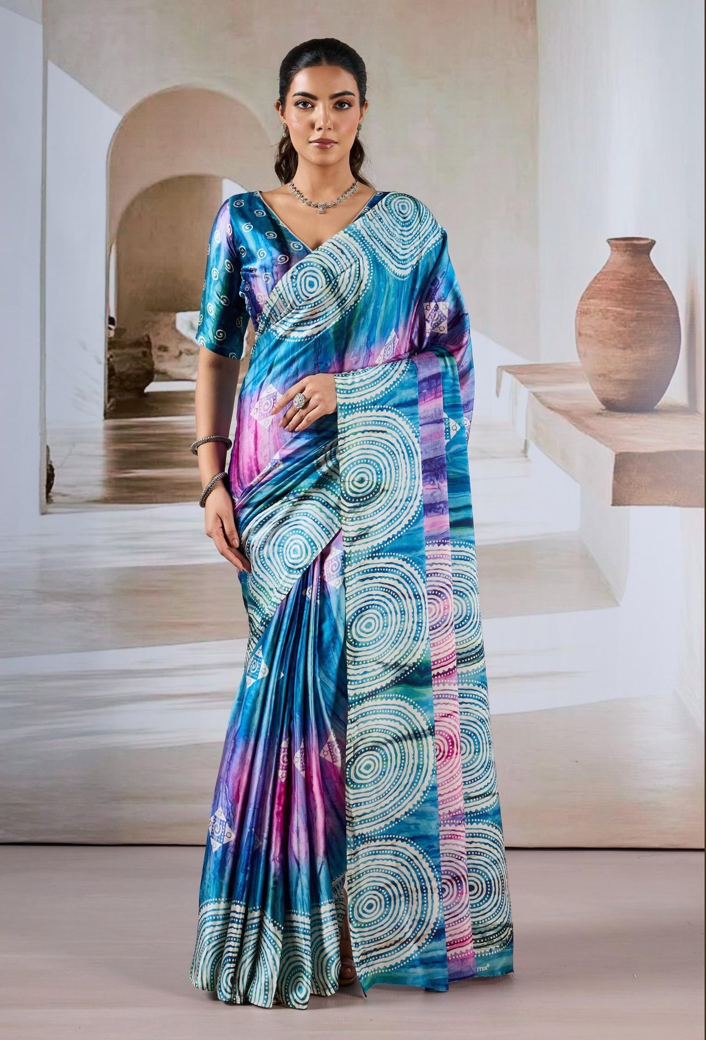 Blue Multicolor Crepe Silk Readymade/Easy Saree