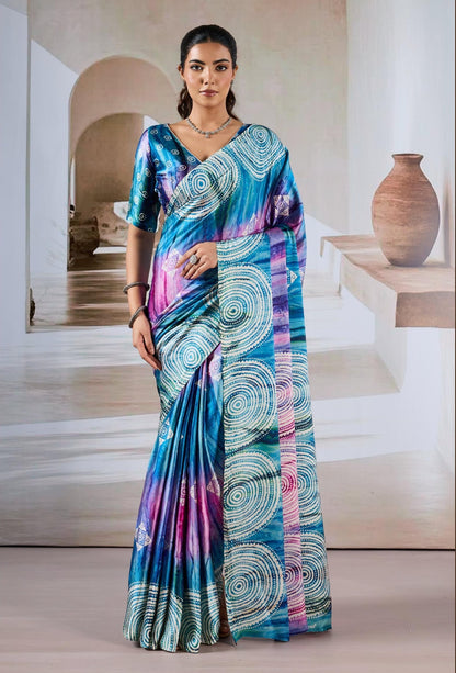 Blue Multicolor Crepe Silk Readymade/Easy Saree