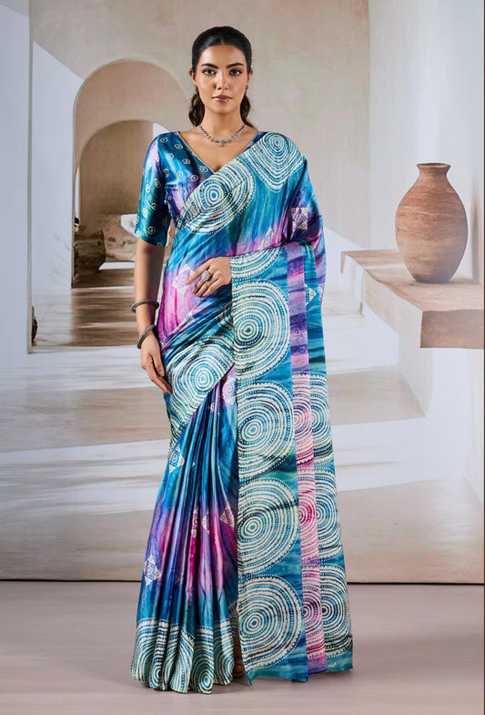 Blue Multicolor Crepe Silk Readymade/Easy Saree