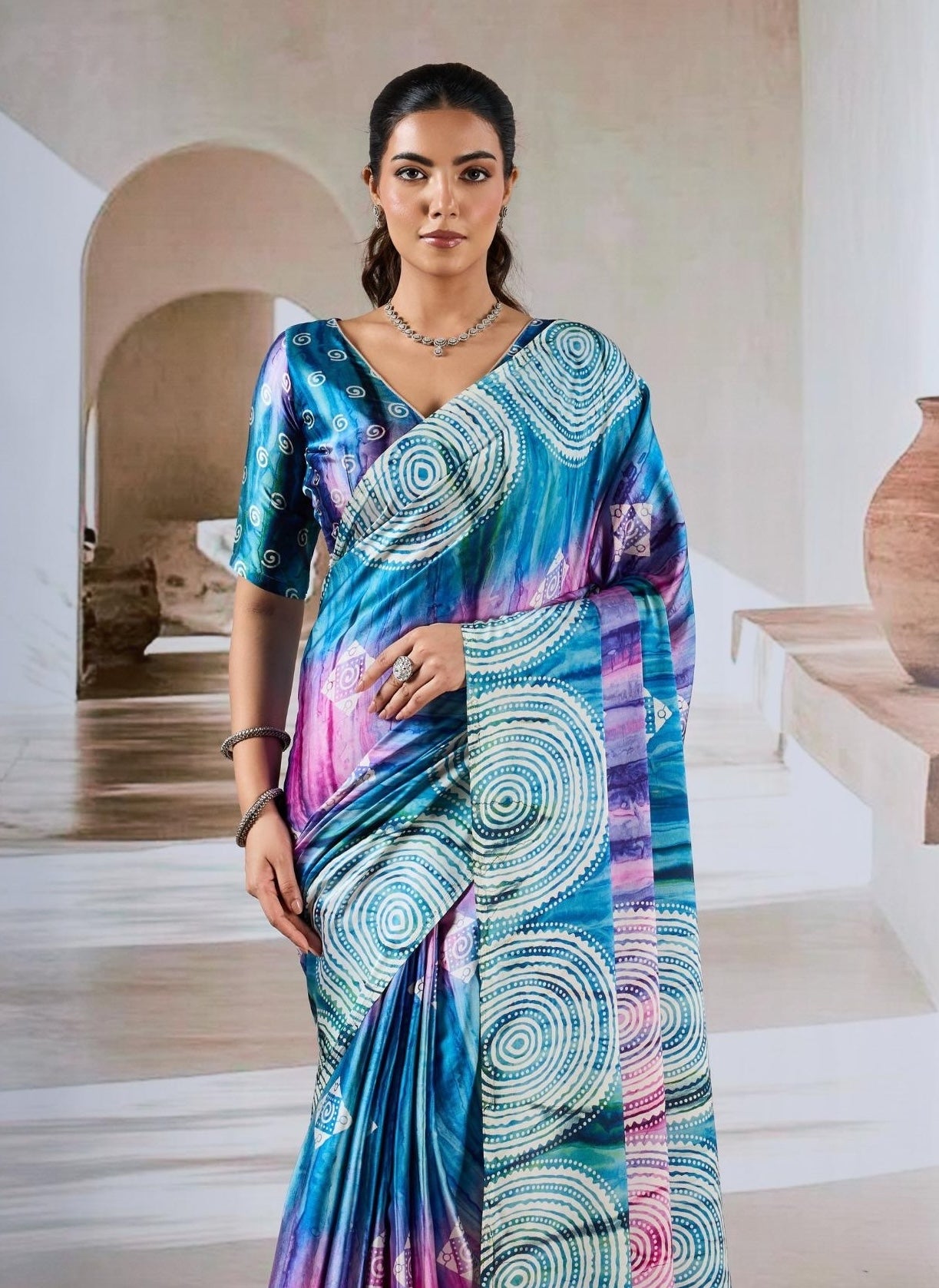 Blue Multicolor Crepe Silk Readymade/Easy Saree