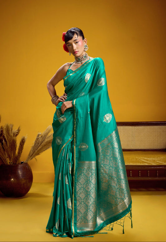 Teal Green Satin Silk Ready To Wear/Easy Saree - Panaash Saree