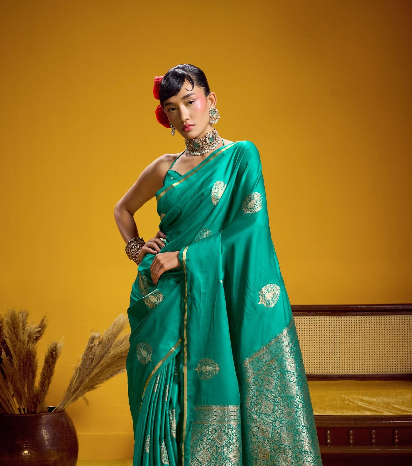 Teal Green Satin Silk Ready To Wear/Easy Saree - Panaash Saree