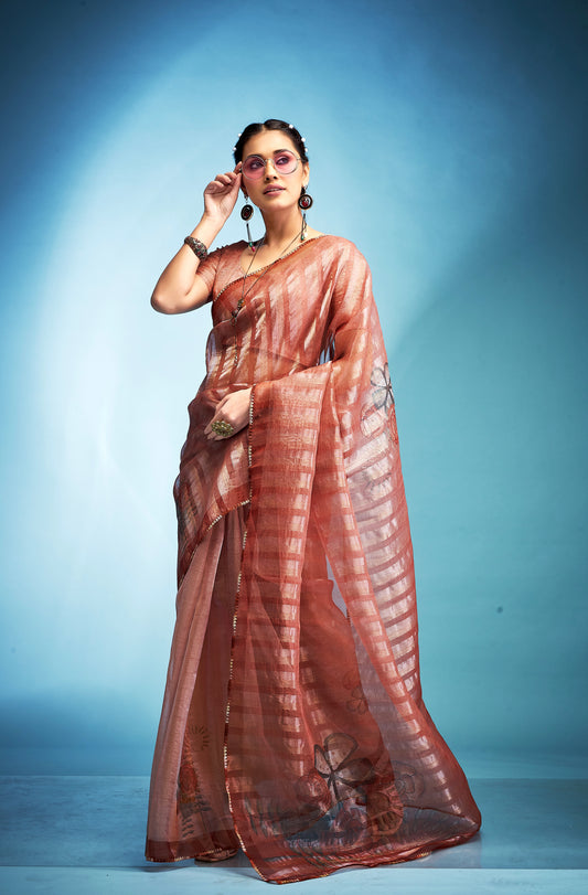 Peach Color Tissue Silk With Digital Print Readymade/Easy Saree