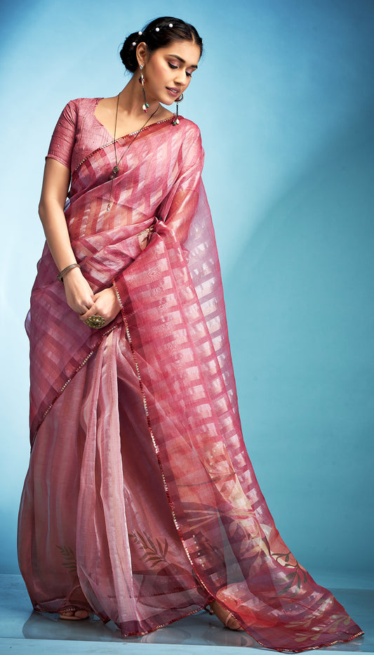 Pink Color Tissue Silk With Digital Print Readymade/Easy Saree