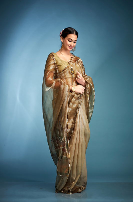 Bronze Color Tissue Silk With Digital Print Readymade/Easy Saree