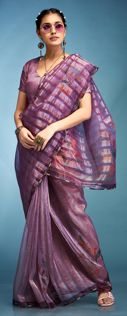 Purple Color Tissue Silk With Digital Print Readymade/Easy Saree