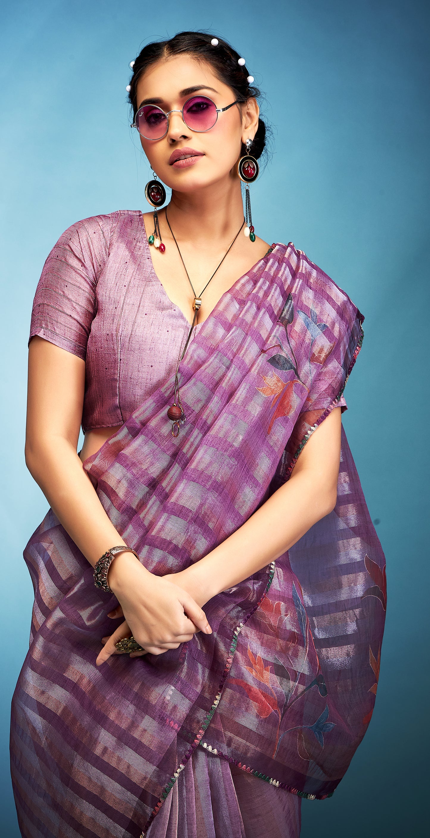 Purple Color Tissue Silk With Digital Print Readymade/Easy Saree