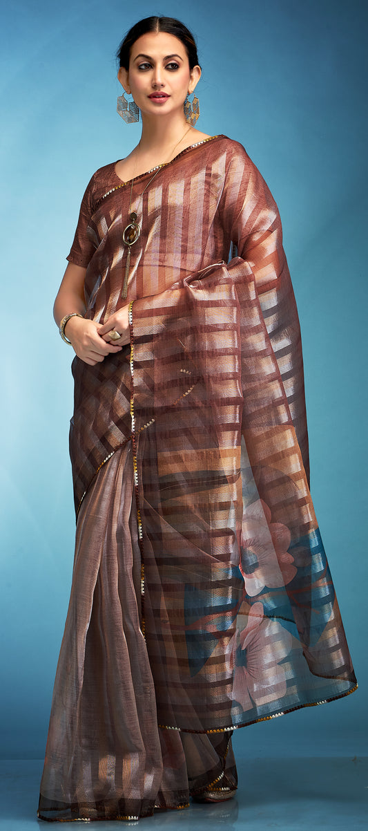 Dark Brown Color Tissue Silk With Digital Print Readymade/Easy Saree