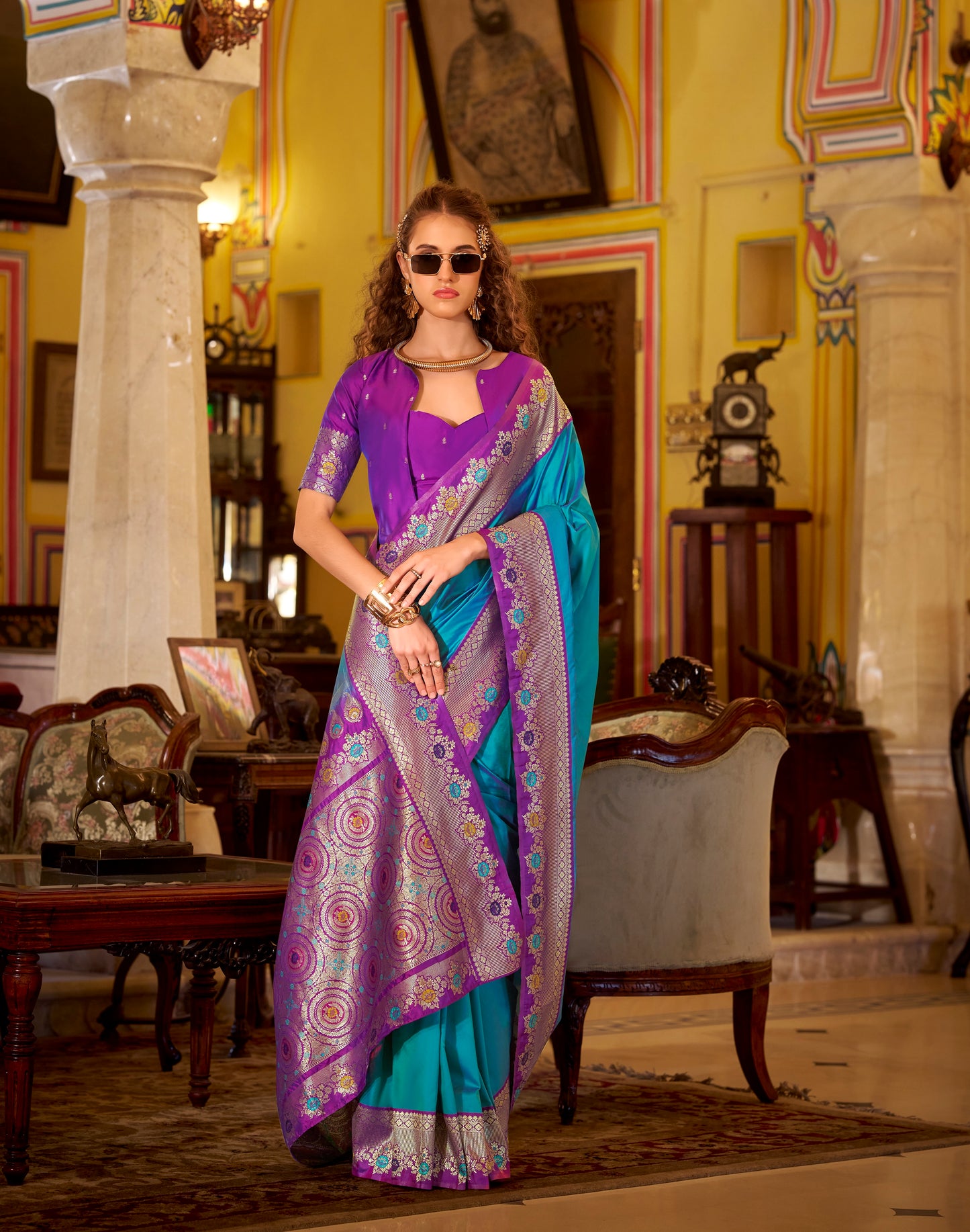Turquoise Readymade/Easy Kanjivaram Saree