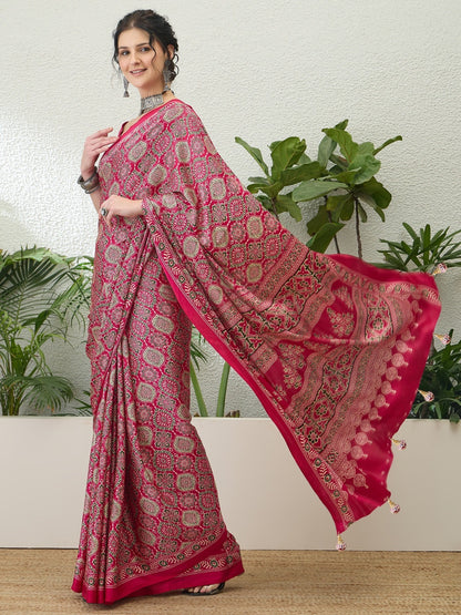 Deep Pink Crepe Silk Ready To Wear/Easy Saree - Panaash Saree