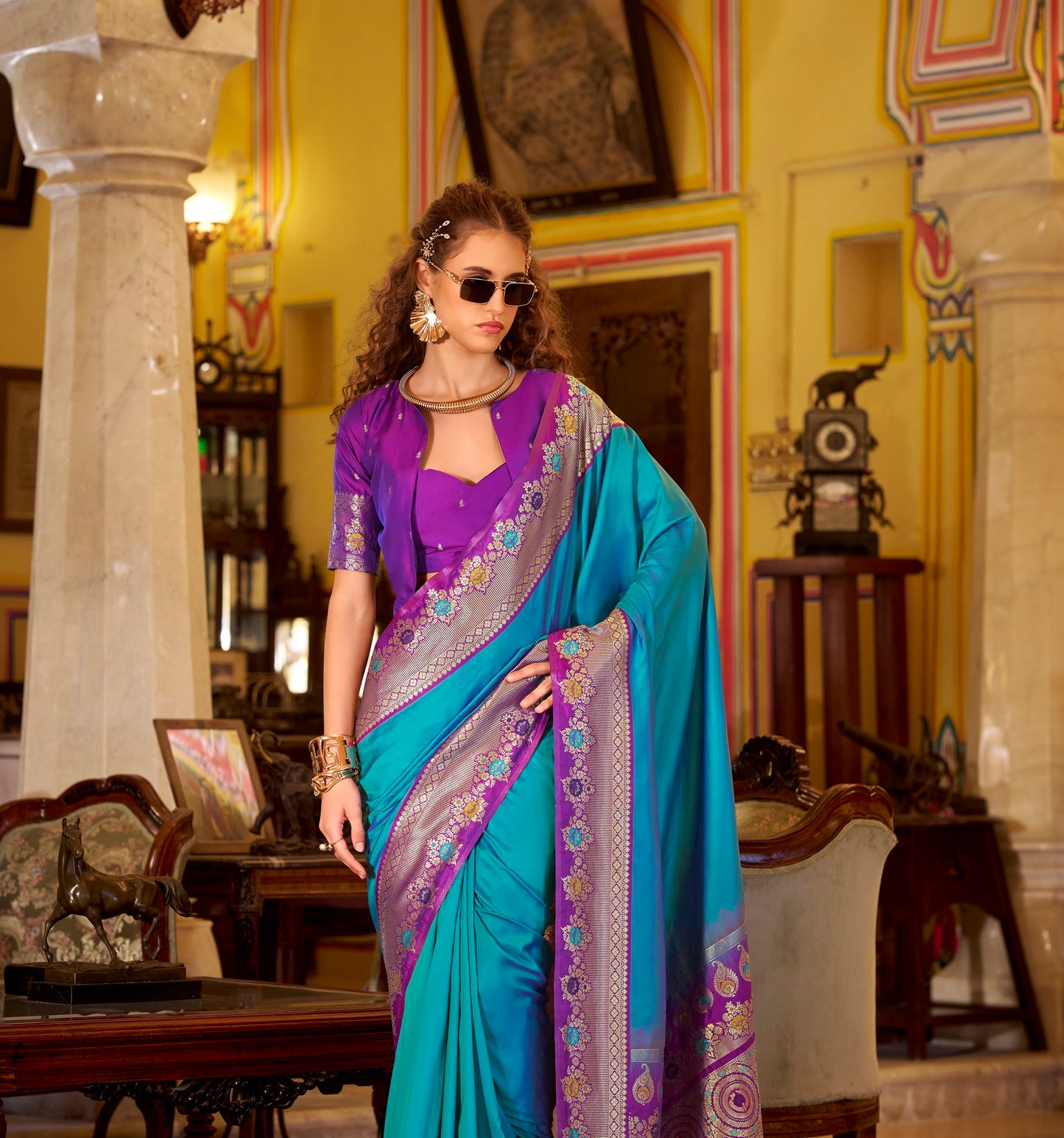 Turquoise Readymade/Easy Kanjivaram Saree