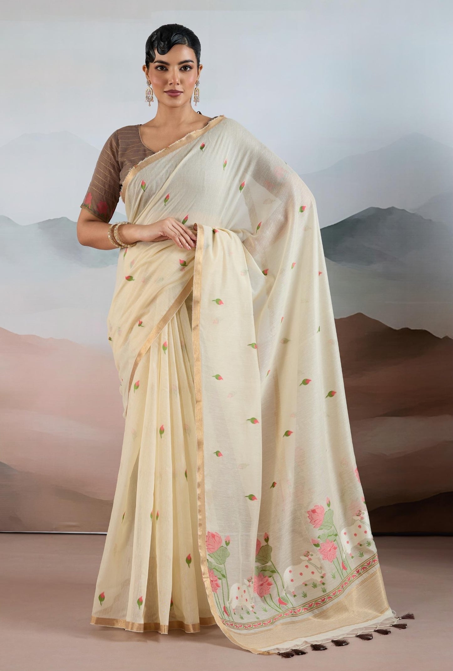 Cream Spun Cotton Readymade/Easy Saree