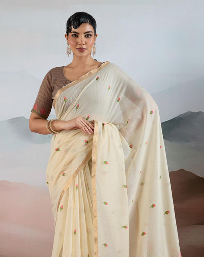 Cream Spun Cotton Readymade/Easy Saree