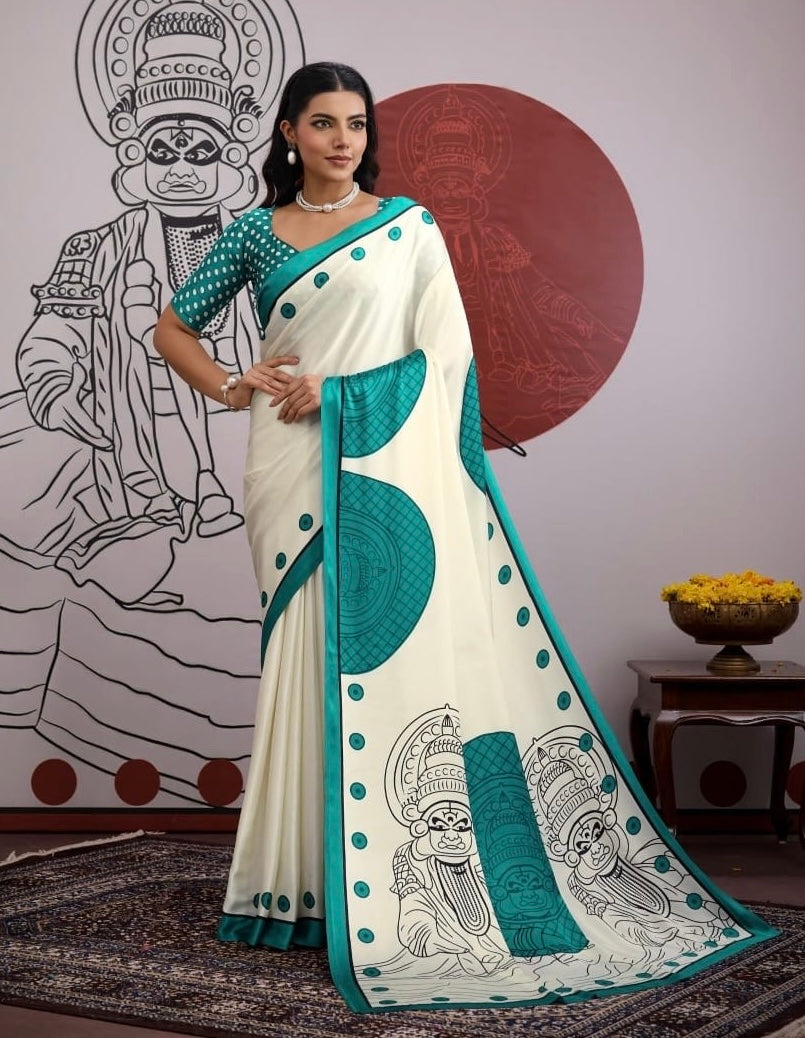 Teal blue and White Crepe Silk Readymade/Easy Saree