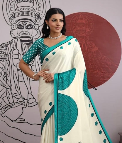 Teal blue and White Crepe Silk Readymade/Easy Saree