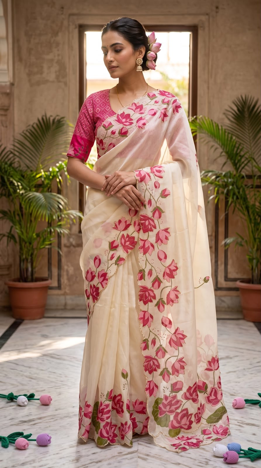 Off-white ready-to-wear saree with pink floral print and draped pallu