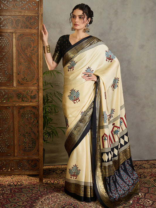 Ivory Crepe Silk Readymade/Easy Saree - Panaash Saree