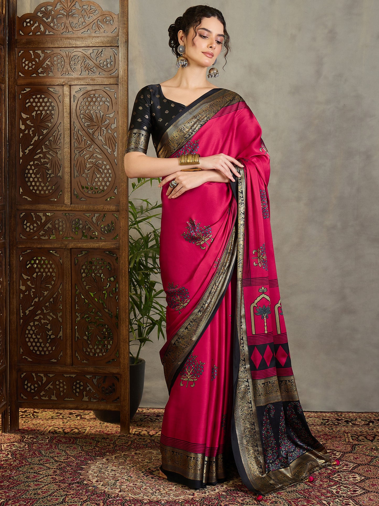 Fuchsia Pink Crepe Silk Readymade/Easy Saree - Panaash Saree