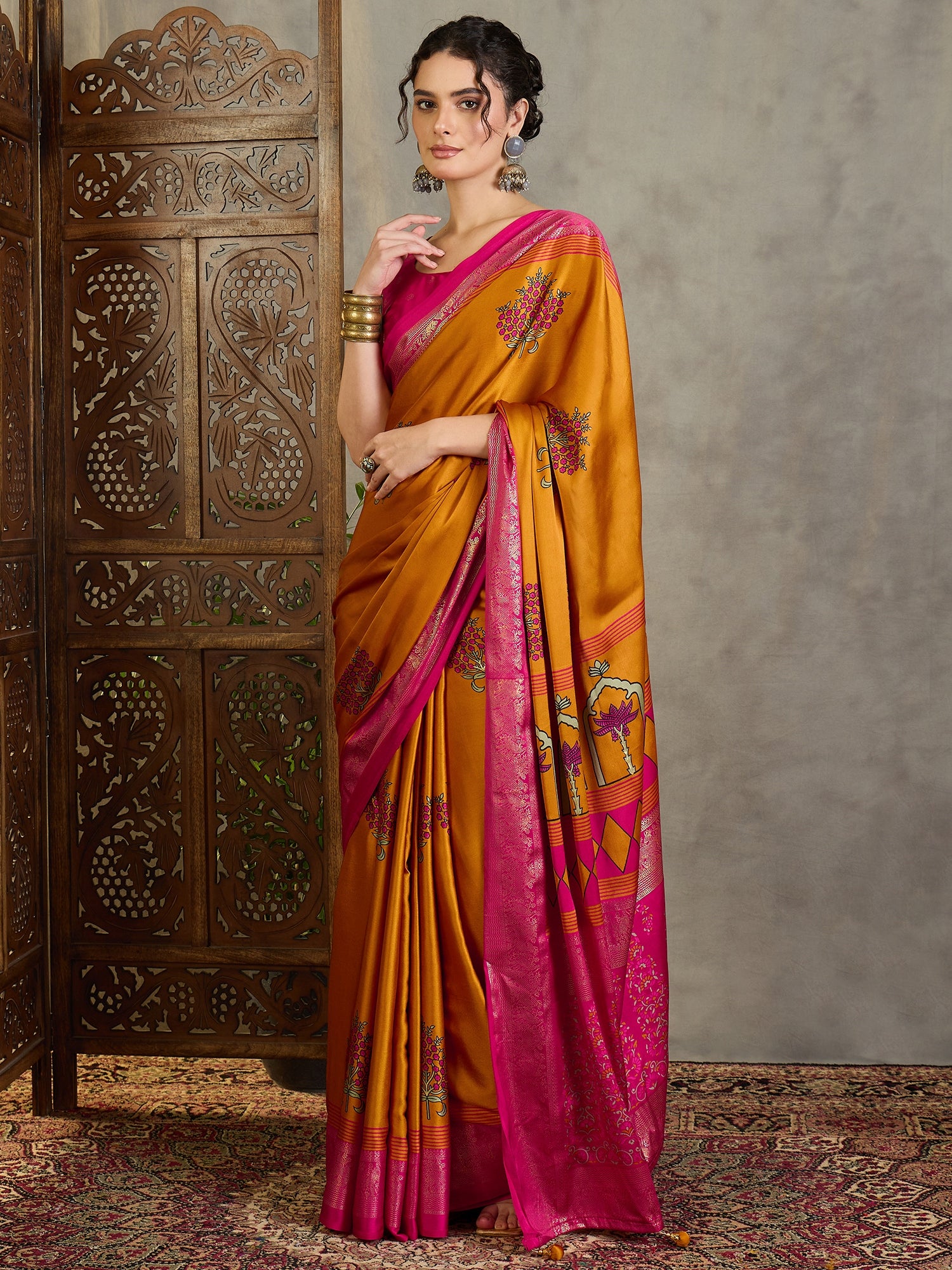 Mustard Yellow Crepe Silk Readymade/Easy Saree - Panaash Saree