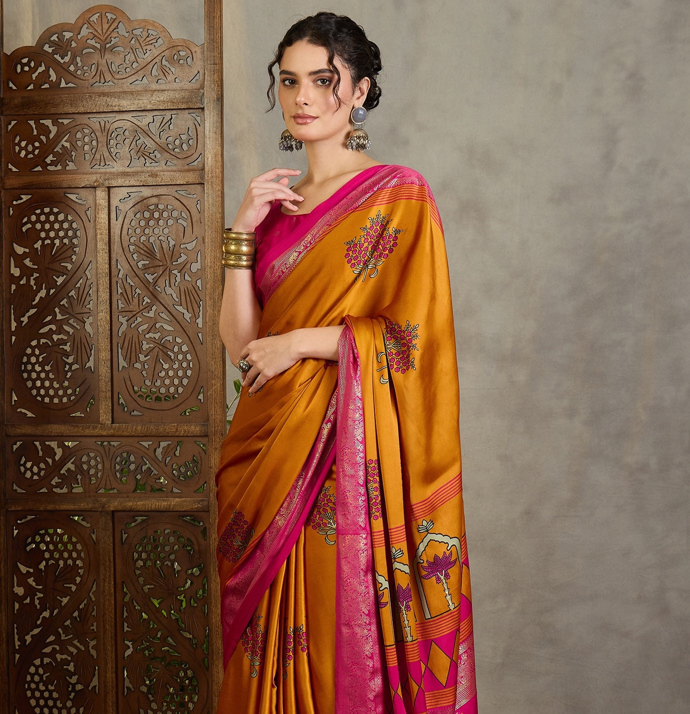 Mustard Yellow Crepe Silk Readymade/Easy Saree - Panaash Saree