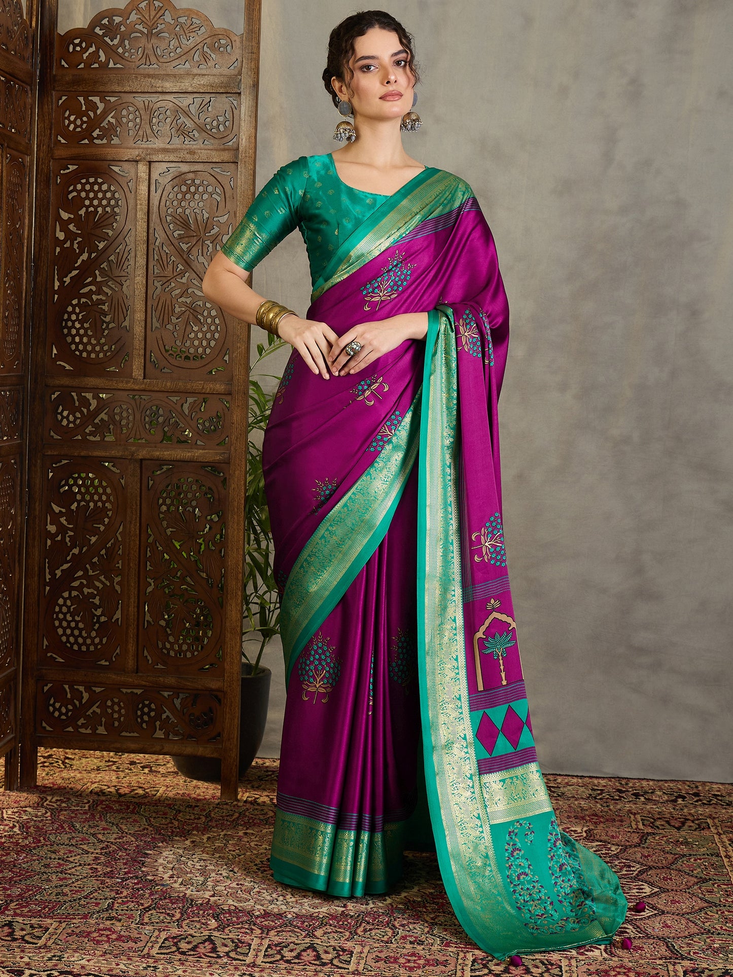 Deep Purple Crepe Silk Readymade/Easy Saree - Panaash Saree