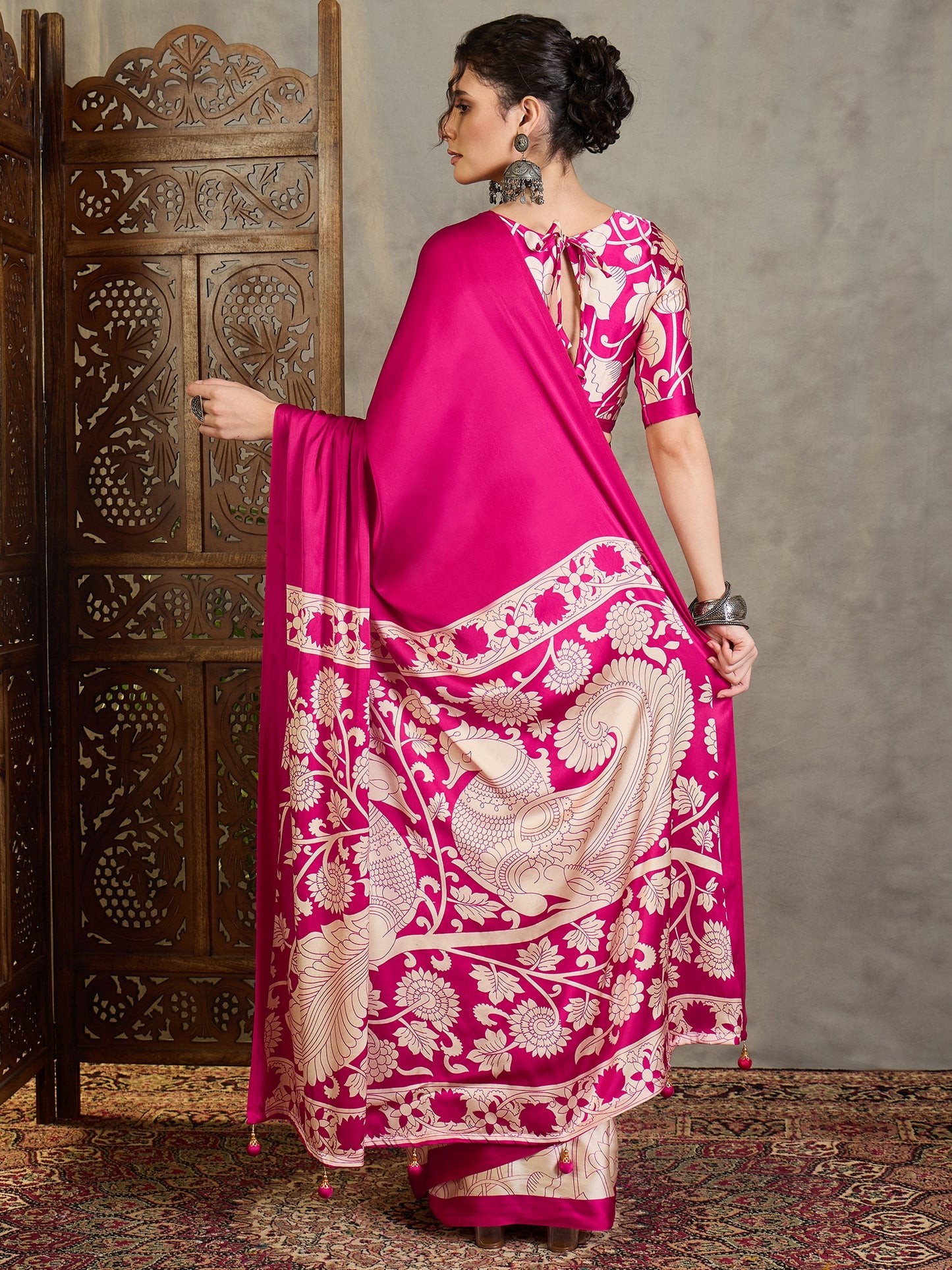 Fuchsia Pink Crepe Silk Readymade/Easy Saree