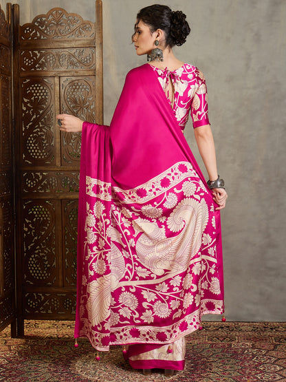 Fuchsia Pink Crepe Silk Readymade/Easy Saree