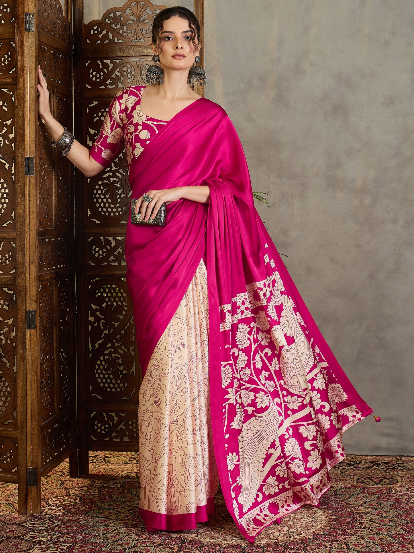 Fuchsia Pink Crepe Silk Readymade/Easy Saree