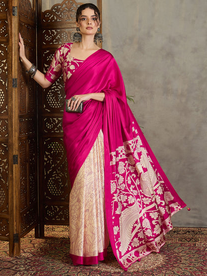 Fuchsia Pink Crepe Silk Readymade/Easy Saree
